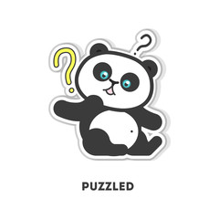 Puzzled panda sticker. Isolated cartoon sticker. Funny panda with question marks.