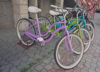 Fototapeta na wymiar Row of bikes available to sell or rent. Urban