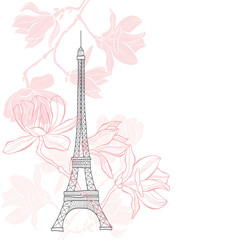 Fototapeta na wymiar Spring in Paris. Vector illustration with Eiffel tower and blooming magnolia on a white background.