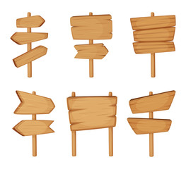 Signboard with wood texture. Vector set of Wooden arrows and empty road direction signs © ONYXprj