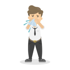 Buisnessman with cold. Sick man is ill. Isolated character on whte. Sneezing or coughing man.