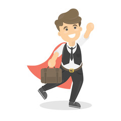 Businessman is super man with red cloak standing with briefcase.