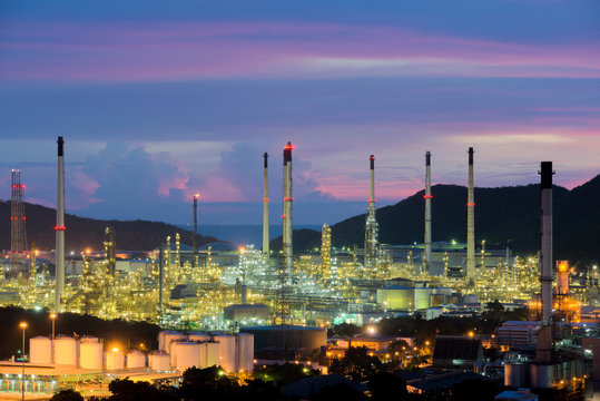 Oil refinery industry at night in Chonburi, Thailand.
