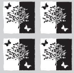 Blossoming tree with a butterfly on a black and white background