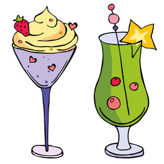 Colorfull cocktail set, funny cocktails with fruts and berries, tropical cocktails collection, sweet summer cocktails, hand draw cocktails, vector drink for decoration