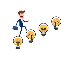 Creative idea concept. Businessman in suit holding briefcase walking on stairs made of light bulb idea.