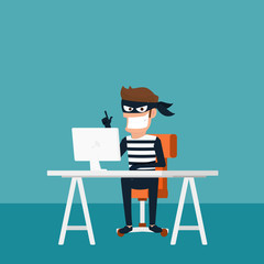 Thief. Hacker stealing sensitive data as passwords from a personal computer useful for anti phishing and internet viruses campaigns.concept hacking internet social network.