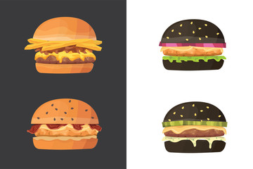 Burger cartoon fast food set. Black hamburger