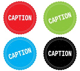 CAPTION text, on round wavy border stamp badge.