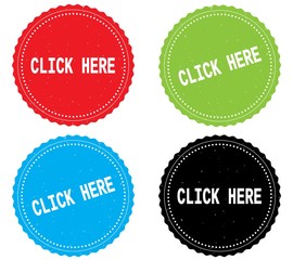 CLICK HERE text, on round wavy border stamp badge.