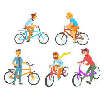 Cyclists riding bike set for label design. Lifestyle, sport, cycling, riding, relax. Colorful cartoon detailed Illustrations