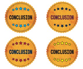 CONCLUSION text, on round wavy border vintage, stamp badge.