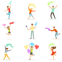 Fototapeta na wymiar Smiling people dancing with shawl set for label design. Cartoon detailed colorful Illustrations