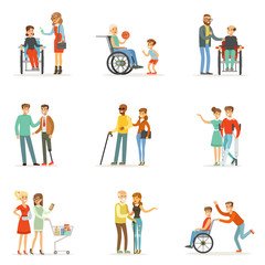 Disabled people and friends helping them set for label design. Cartoon detailed colorful Illustrations