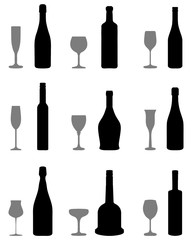 Black silhouettes of glasses and bottles on a white background