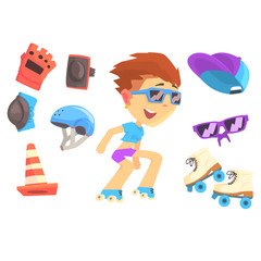 Roller skating boy, set for label design. Colorful cartoon detailed Illustrations
