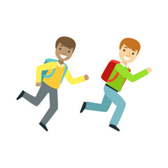 Two Boys Running To The Classroom, Part Of School And Scholar Life Series Of Minimalistic Illustrations