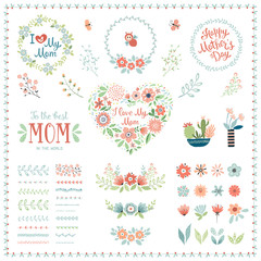 Naklejka premium Mother's Day set with typographic design elements. Flowers, branches, brushes, wreath, floral heart, butterflies, plant pots and vases. Vector illustration.