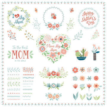 Mother's Day set with typographic design elements. Flowers, branches, brushes, wreath, floral heart, butterflies, plant pots and vases. Vector illustration.