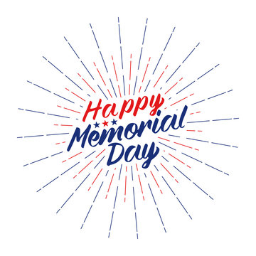 Vector Happy Memorial Day Text Lettering For Greeting Card, Flyer, Poster Logo With Stars, Light Rays Or Fireworks.