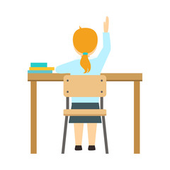 Girl Raising The Hand Sitting At The Desk In Classroom, Part Of School And Scholar Life Series Of Minimalistic Illustrations