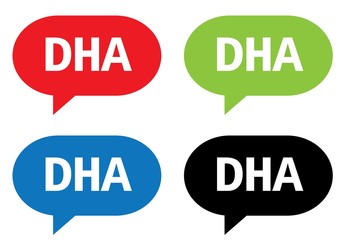 DHA text, on rectangle speech bubble sign.