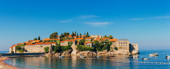 Fototapeta na wymiar Island of Sveti Stefan in Montenegro. Panoramic shot