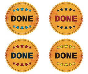 DONE text, on round wavy border vintage, stamp badge.