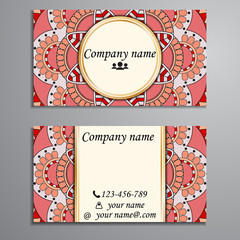 Visiting card and business card set with mandala design element logo. Abstract oriental Layout. Front page and back page