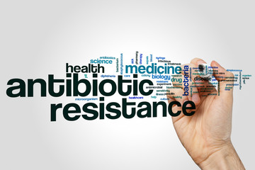 Antibiotic resistance word cloud concept on grey background - obrazy, fototapety, plakaty