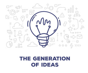 Vector creative illustration of big light bulb with line icons and text on white background. Generation of ideas concept.