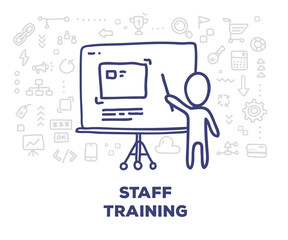 Vector creative illustration of big projector board on a tripod and coacher, line icons on white background.