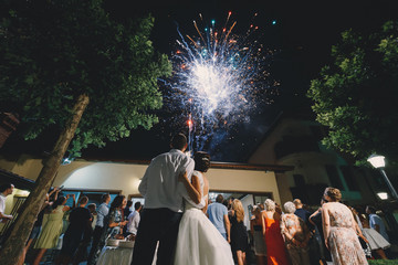 Wedding couple watching fireworks