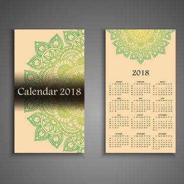 Vector calendar 2018 with decorative elements. Vector mandala design. Template can be used for web and print design.