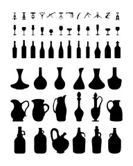 Silhouettes of bowls, bottles, glasses and corkscrew