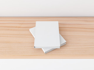 Two white books on wooden shelf, textured cover, 3d rendering