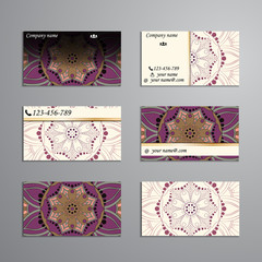 visiting card and business card big set. Floral mandala pattern and ornaments. Oriental design Layout, ottoman motifs. Front page and back page.