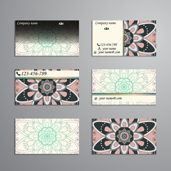 visiting card and business card big set. Floral mandala pattern and ornaments. Oriental design Layout, ottoman motifs. Front page and back page.