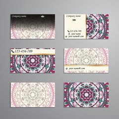 visiting card and business card big set. Floral mandala pattern and ornaments. Oriental design Layout, ottoman motifs. Front page and back page.