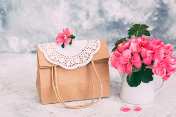 Handmade Paper bag with flowers. Present for mothers day