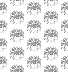 Vector Black Seamless Pattern with Drawn Flowers, Roses with Beads