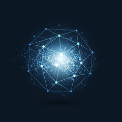 Cloud Computing, Digital Networks Structure, Telecommunications Concept Design, Modern Style Global Network Connections, Transparent Geometric Globe Wireframe with Sparkling Background