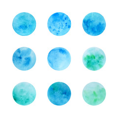 Hand drawn watrcolor circles of blue and green colors isolated on the white background