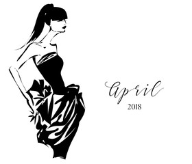 Black and white fashion calendar with woman model silhouette logo. Hand drawn vector illustration