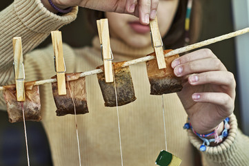 Girl hanging used tea bags as washed clothes for drying on the clothesline with clothes pegs