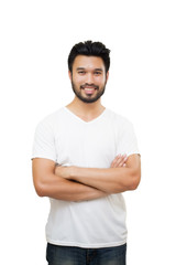 Obraz premium Asian handsome man with a mustache, smiling and laughing isolated on white background ,soft focus