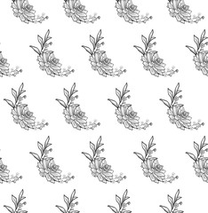 Vector Black Seamless Pattern with Drawn Flowers.