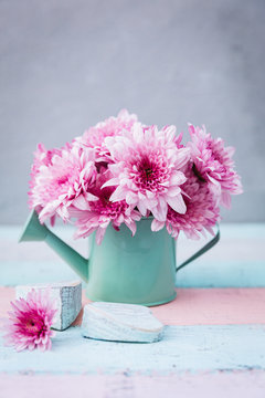 Summer Flowers in Watering pot with copy Space Happy Mothers Day with Flowers &ETH;