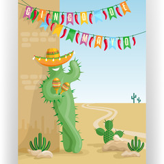 Cinco De Mayo poster with smiling cactus in sombrero and desert mexican landscape with cacti.