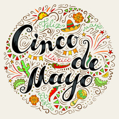 Cinco De Mayo card with doodle style handwritten lettering and many Mexican attributes